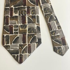 Bellini Vintage Geometric Necktie Mens Burgundy Taupe Gray‎ Silk Abstract Office